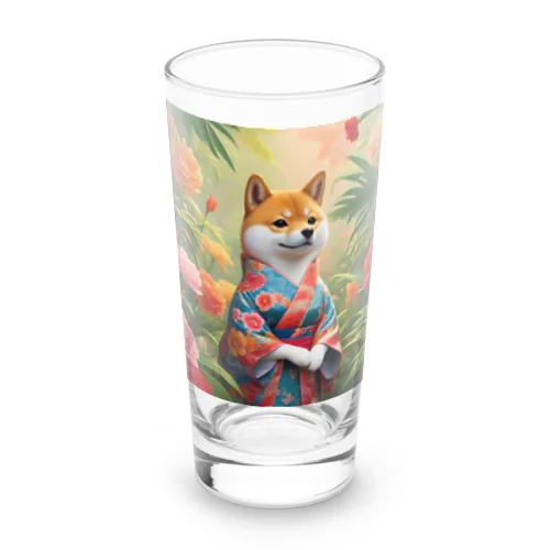 花に囲まれた着物姿の柴犬 Long Sized Water Glass