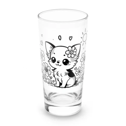 **お花の子犬のチワワ**モノクロ Long Sized Water Glass