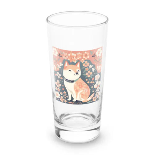 日本画風、柴犬と桜-Japanese-style painting of a Shiba Inu with cherry blossoms Long Sized Water Glass