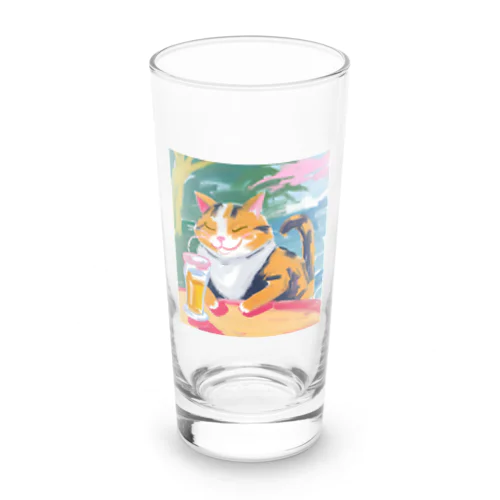 ビールを飲んで幸せそうなネコさん Long Sized Water Glass