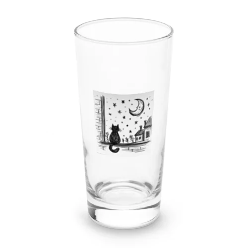 夜空を眺める黒猫 Long Sized Water Glass