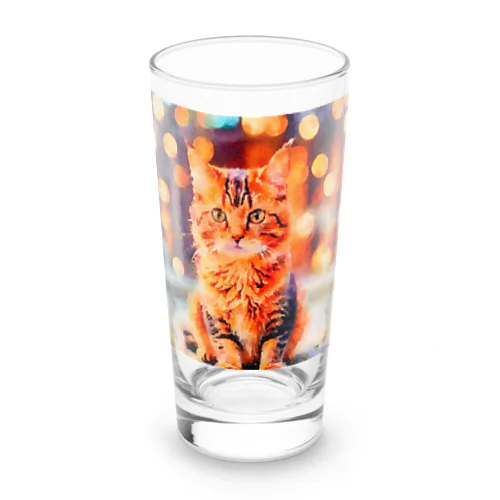 猫の水彩画/キジトラねこのイラスト/ブラウンタビーネコ Long Sized Water Glass