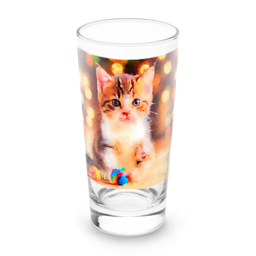 猫の水彩画/キジシロねこのイラスト/おもちゃで遊ぶキジ白ネコ Long Sized Water Glass