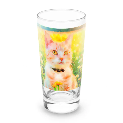 猫の水彩画/花畑のチャシロねこのイラスト/茶白ネコ Long Sized Water Glass