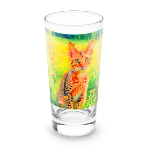 猫の水彩画/花畑のオシキャットねこのイラスト/キジトラネコ Long Sized Water Glass