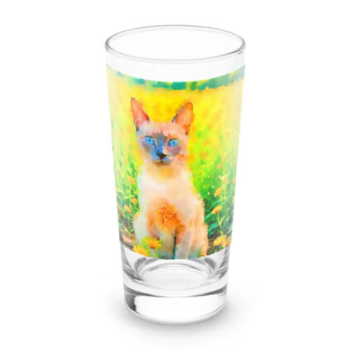 猫の水彩画/花畑のトンキニーズねこのイラスト/ポイントネコ Long Sized Water Glass