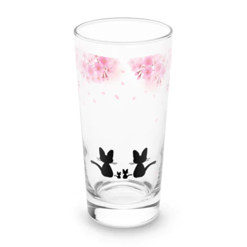 桜と黒ねこ親子 Long Sized Water Glass