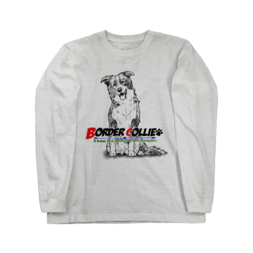 線画ボーダーコリー犬 前面プリントTシャツ＜淡色＞ ロングスリーブTシャツ