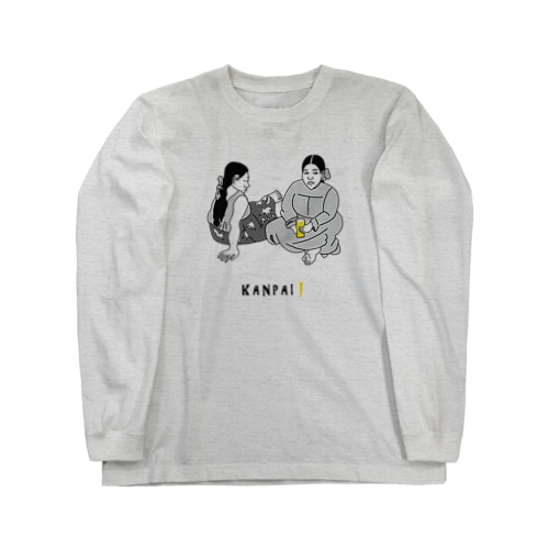 名画 × BEER（タヒチの女）黒線画 Long Sleeve T-Shirt