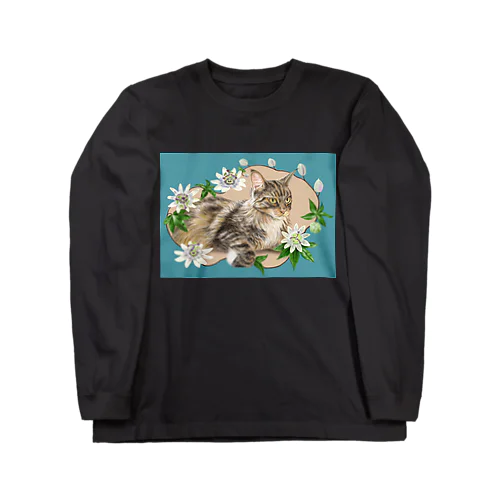 🌼花と猫😸　トケイソウ ロングスリーブTシャツ