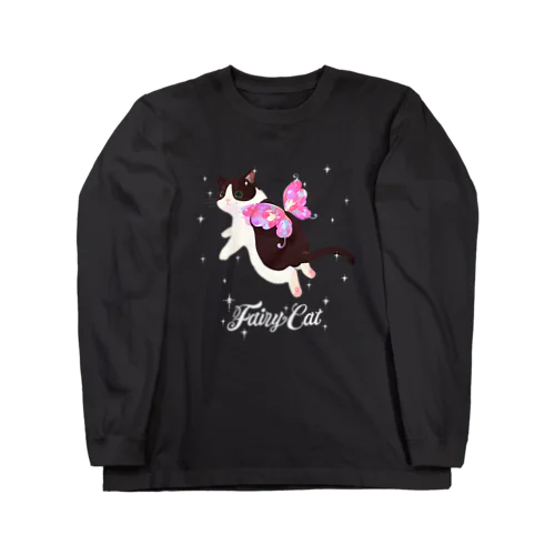 キラキラピンクの猫の妖精 ロングスリーブTシャツ