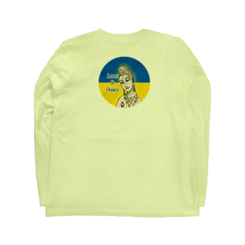 Love＆Peace観世音菩薩ウクライナ国旗背景 ロングスリーブTシャツ