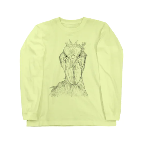 [森図鑑] ハシビロコウの顔 鉛筆画 ロングスリーブTシャツ