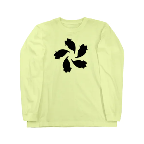 動物家紋。H.T.（変わり散り桜５ネコ）黒 Long Sleeve T-Shirt