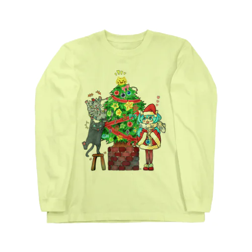 クリスマス🎄私mikuとうちの子２にゃんのX'mas🎄ツリーVer. ロングスリーブTシャツ