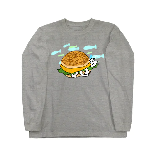 お魚バーガーでスヤな猫 ロングスリーブTシャツ