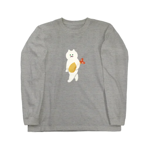 【中】エビフライをさわやかに運ぶねこ ロングスリーブTシャツ