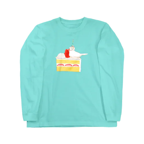 ショートケーキ上の文鳥 ロングスリーブTシャツ