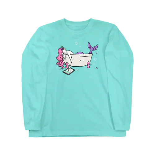 浴室でタブレットを使う人魚【ピンク】 ロングスリーブTシャツ