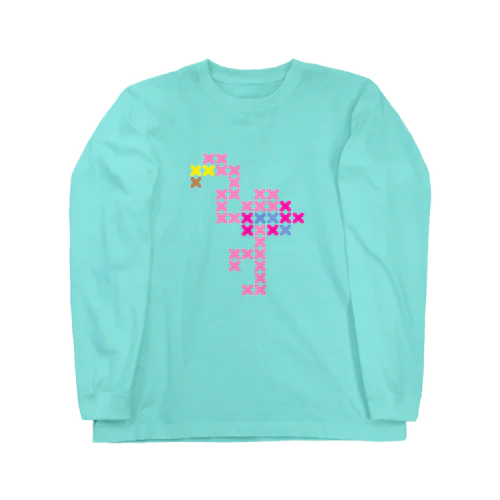 フラミンゴ-大 Cross-stitch ロングスリーブTシャツ