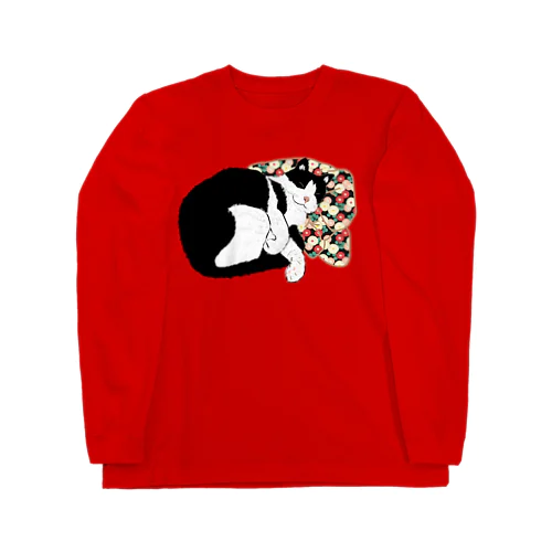 花柄のクッションで寝るハチワレ  Long Sleeve T-Shirt