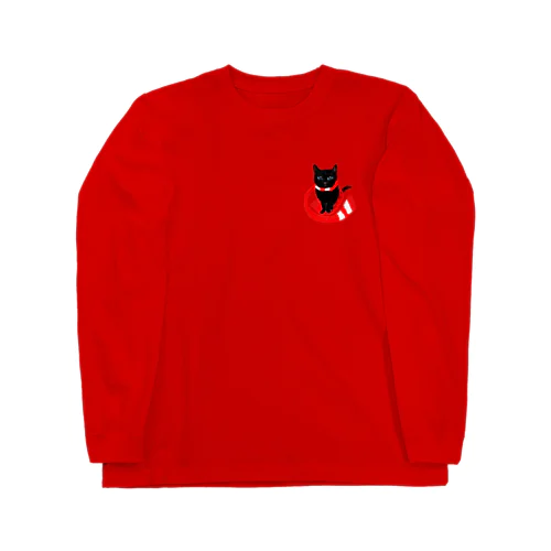 赤マフラー黒猫 ロングスリーブTシャツ