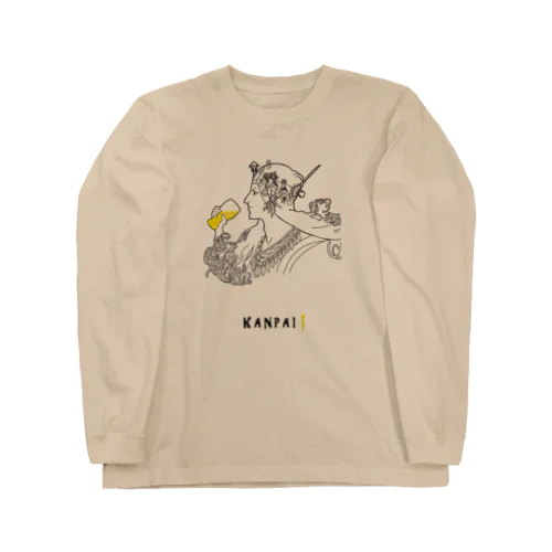 名画 × BEER（ミュシャ）黒線画 Long Sleeve T-Shirt