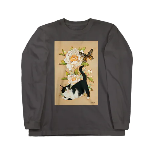 白い牡丹とハチワレ猫 Long Sleeve T-Shirt