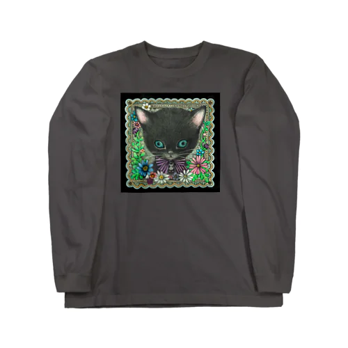 黒猫フラワー ロングスリーブTシャツ
