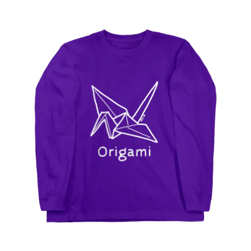 Origami (折り紙鶴) 白デザイン ロングスリーブTシャツ