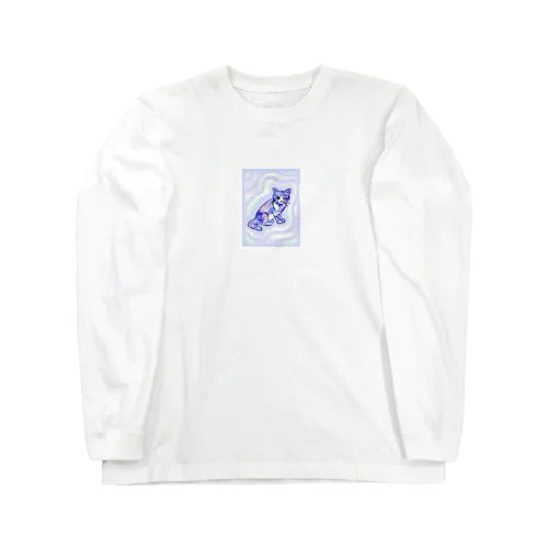 ハチワレ猫　(水彩画:ブルー) Long Sleeve T-Shirt