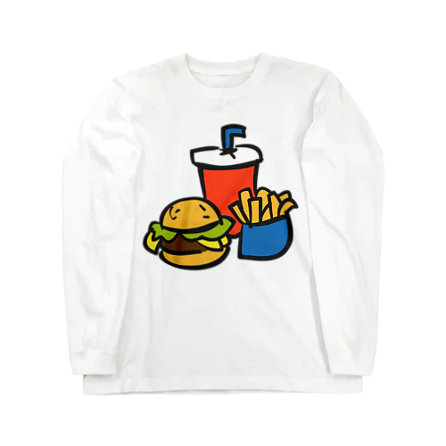 ハンバーガーとポテトとドリンクのセット ---カラフルでポップなフードデザインTシャツ--- ロングスリーブTシャツ