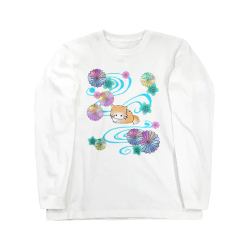 グラデーションの花と短い足の猫さん Long Sleeve T-Shirt