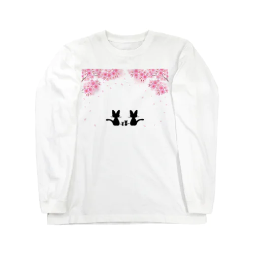 桜と黒ねこ親子 ロングスリーブTシャツ