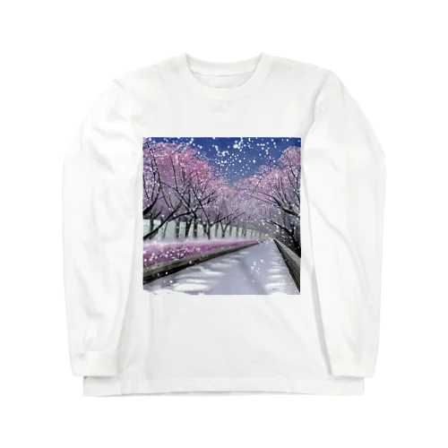 夜の桜並木に雪 ロングスリーブTシャツ