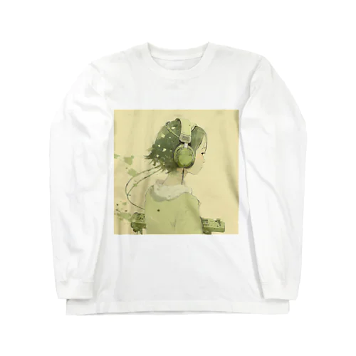 ヘッドホン女子 イラストTシャツ Green Long Sleeve T-Shirt