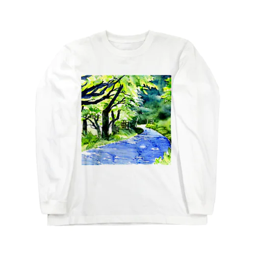 水彩画風新緑の川1 ロングスリーブTシャツ
