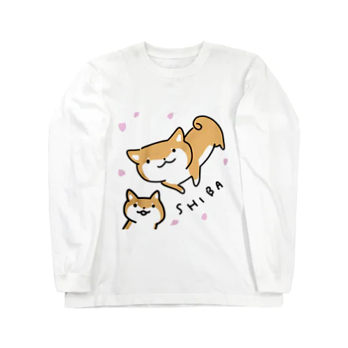 花と柴犬 ロングスリーブTシャツ