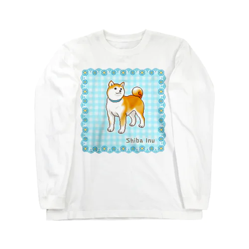 水色の花フレームに囲まれた柴犬のドット絵 Long Sleeve T-Shirt