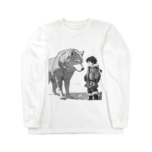 雪原の少年とオオカミ ロングスリーブTシャツ