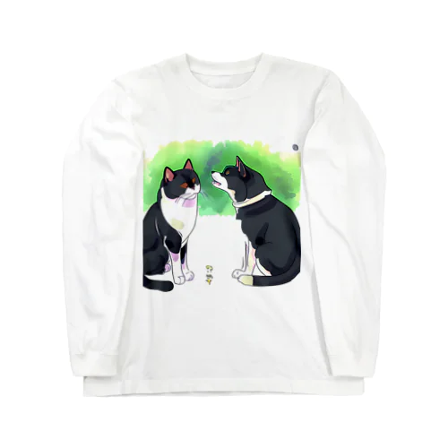 はち割れ猫と黒柴犬のイラストグッズ ロングスリーブTシャツ