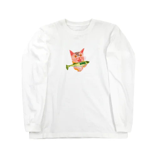 秋刀魚を美味しそうに食べる猫 ロングスリーブTシャツ