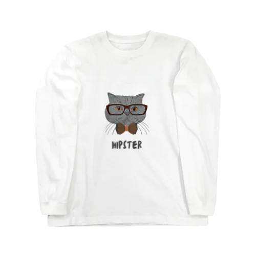Grey Illustrated Cat Hipster T-Shirt Long Sleeve T-Shirt