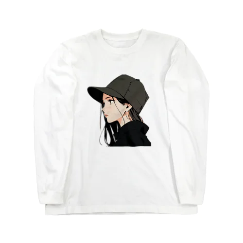 アニメ風女の子(黒髪ロング＋帽子) Long Sleeve T-Shirt