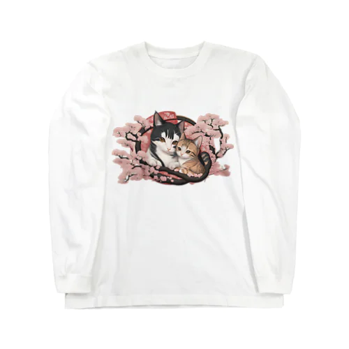 桜と二匹の猫 ロングスリーブTシャツ