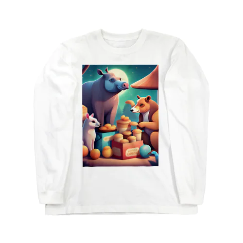 夜空の下で食卓を囲む動物たち Long Sleeve T-Shirt