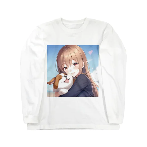 愛犬を抱きしめる少女 ロングスリーブTシャツ