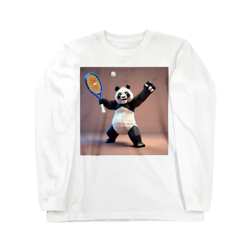 テニスで勝って嬉しさを爆発させるパンダのイラストグッズ ロングスリーブTシャツ