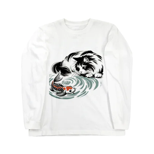 猫と鯉（水墨画風） ロングスリーブTシャツ
