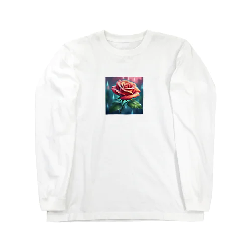 雨に降られて濡れている薔薇の花 ロングスリーブTシャツ